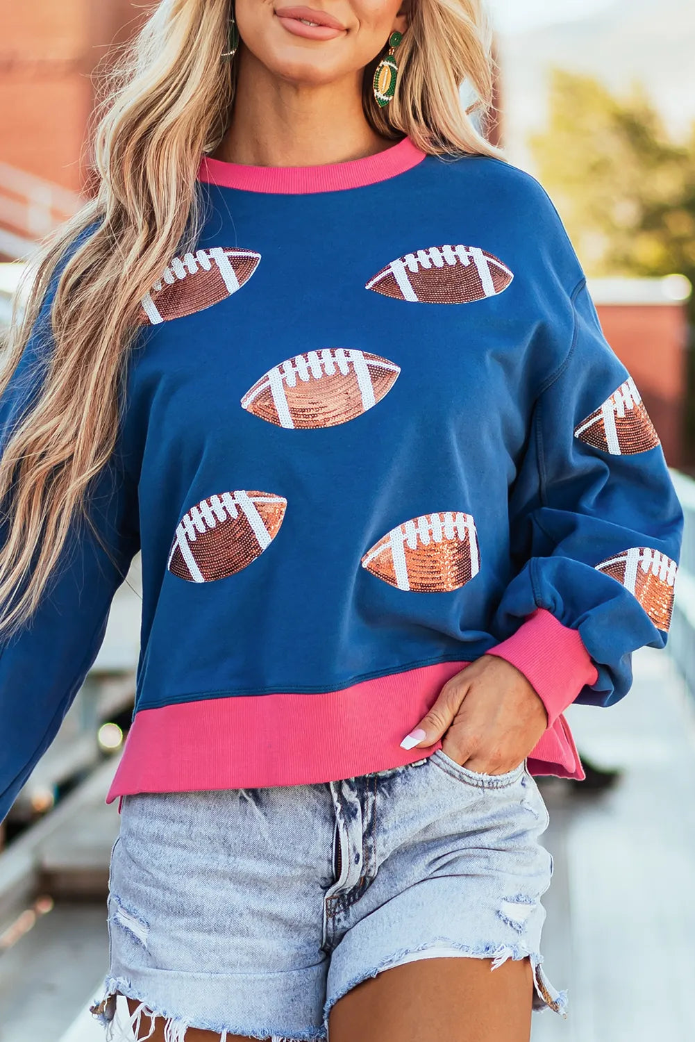 Blue Sequin Rugby Color Block Bubble Sleeve Sweatshirt - Chic Meadow Boutique 