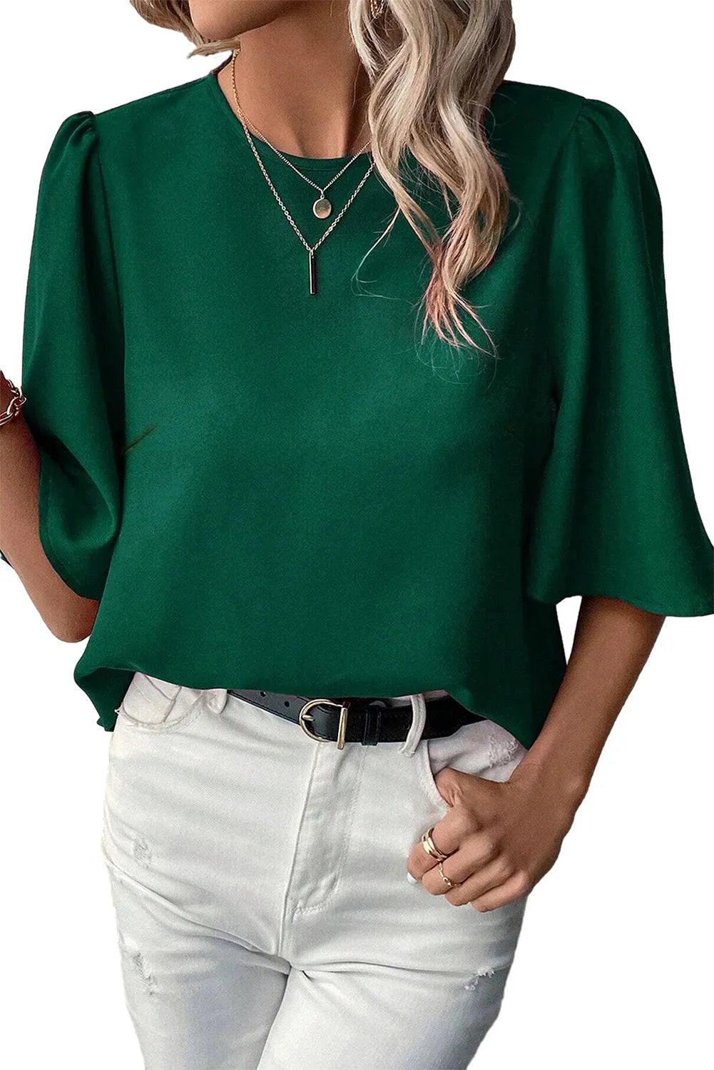 Blackish Green Solid Color Satin Keyhole Back Wide Sleeve Blouse - Chic Meadow Boutique 