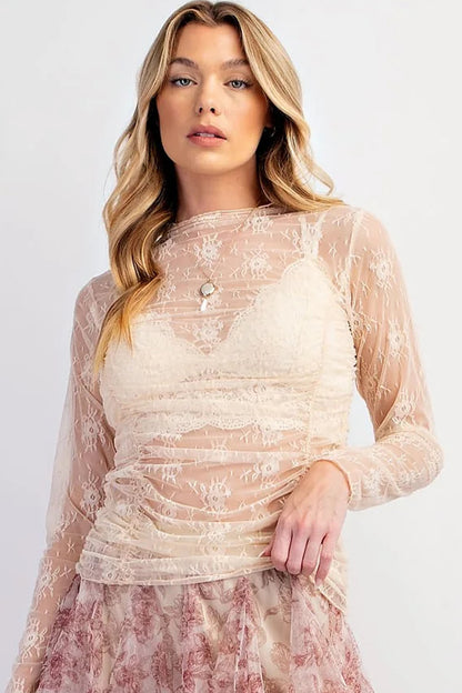 Jet Stream Sheer Floral Mesh Ruched Long Sleeve Top