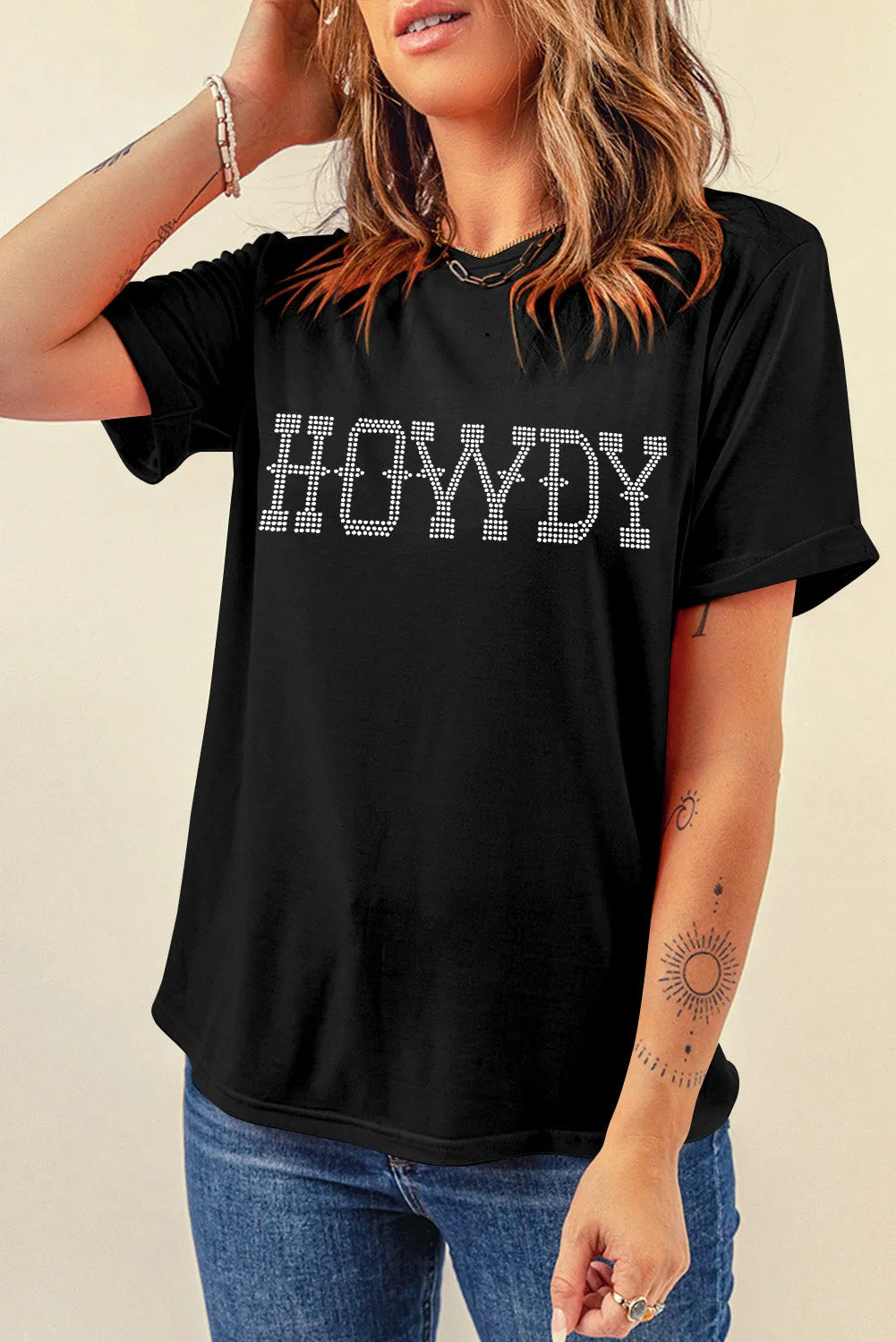 Black HOWDY Rhinestone Slim Fit Crew Neck T Shirt - Chic Meadow Boutique 