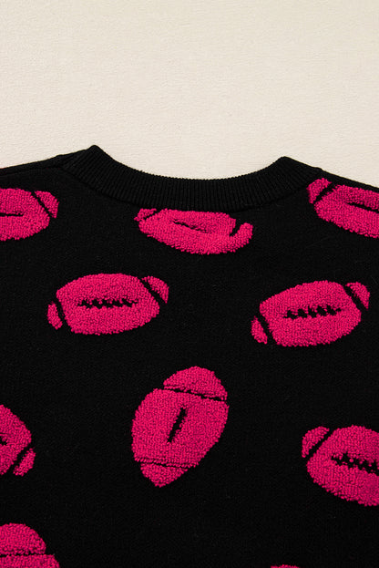 Black Rugby Print Casual Knit Short Sleeve Sweater