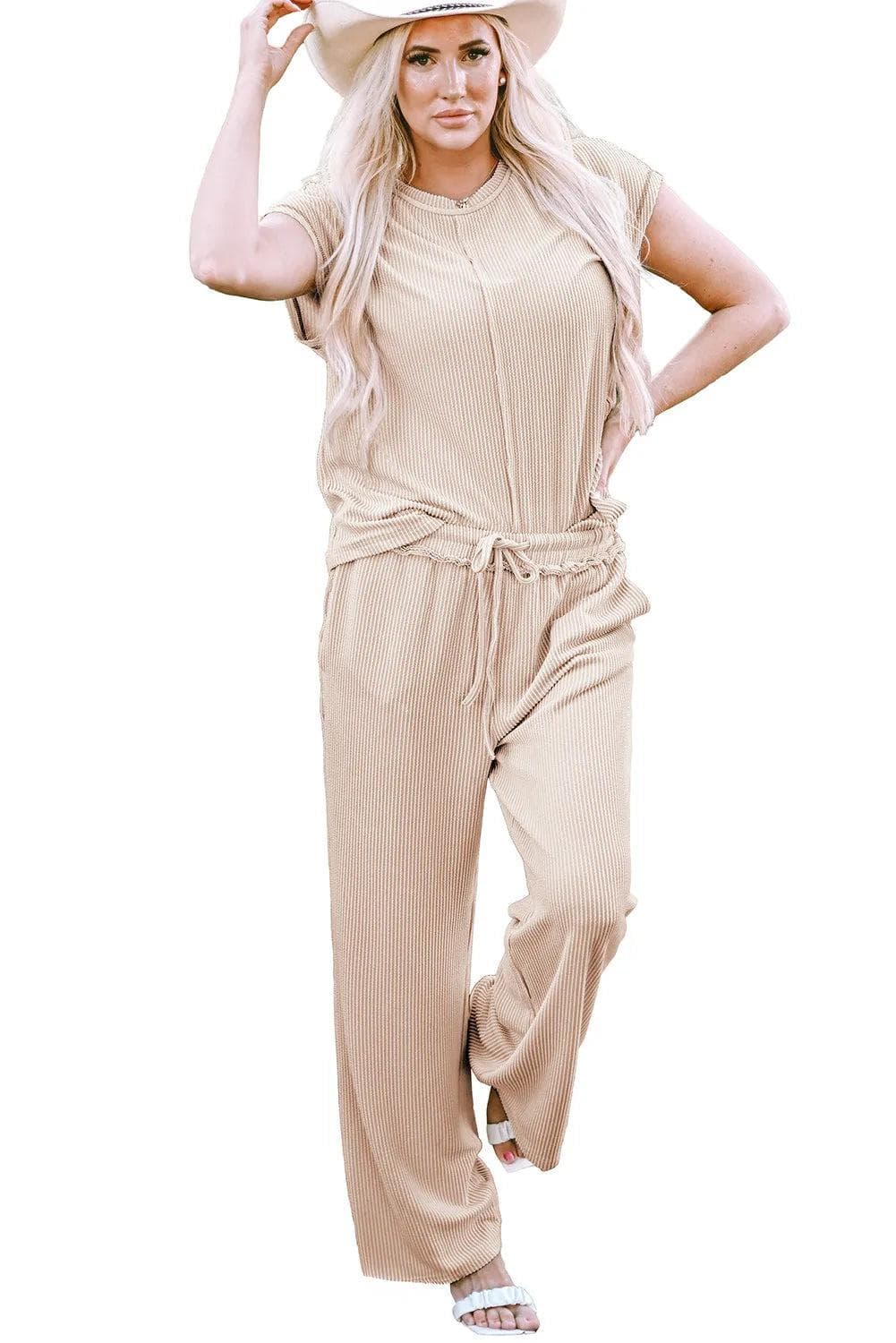 Two Piece Sets/Pant Sets Parchment Exposed Seam Ribbed Tee and Pants Two-piece Outfit