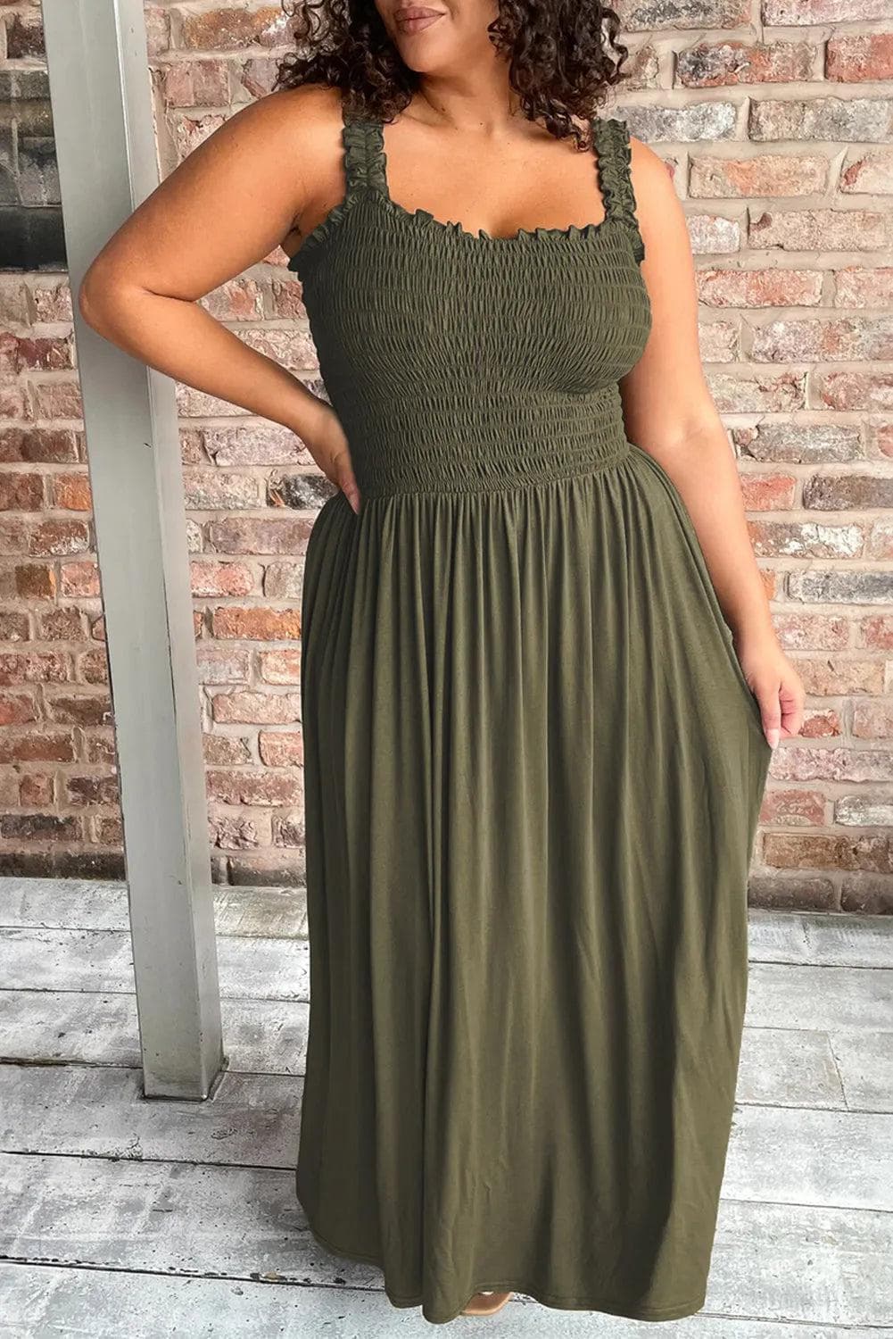 Plus Size/Plus Size Dresses/Plus Size Maxi Dresses Jungle Green / 1X / 65%Polyester+30%Viscose+5%Elastane Jungle Green Shirred Bust Sleeveless Plus Size Maxi Dress