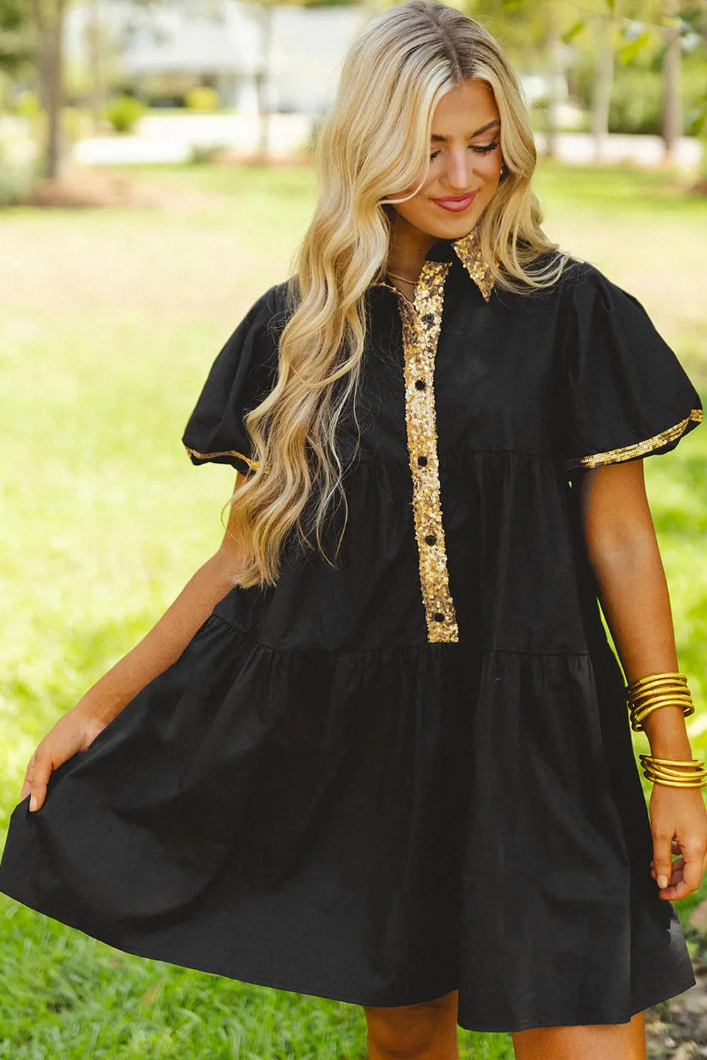 Black Sequin Trim Bubble Sleeve Game Day Shirt Dress - Chic Meadow Boutique 