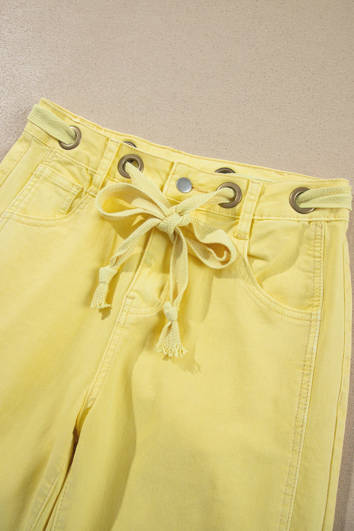 Yellow Solid Color Grommet Detail Knot Waist Barrel Jeans