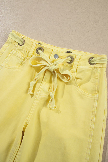 Yellow Solid Color Grommet Detail Knot Waist Barrel Jeans