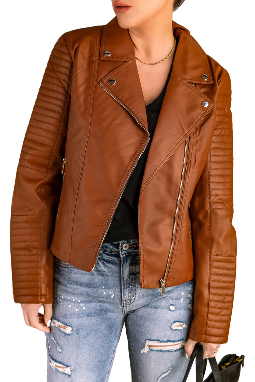 Brown Ribbed Seam Detail Faux Leather Zipped Motorcycle Jacket - Chic Meadow Boutique 