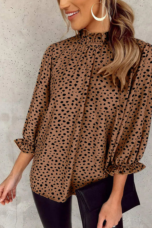 Brown Frilled Neck 3/4 Sleeves Cheetah Blouse - Chic Meadow Boutique 