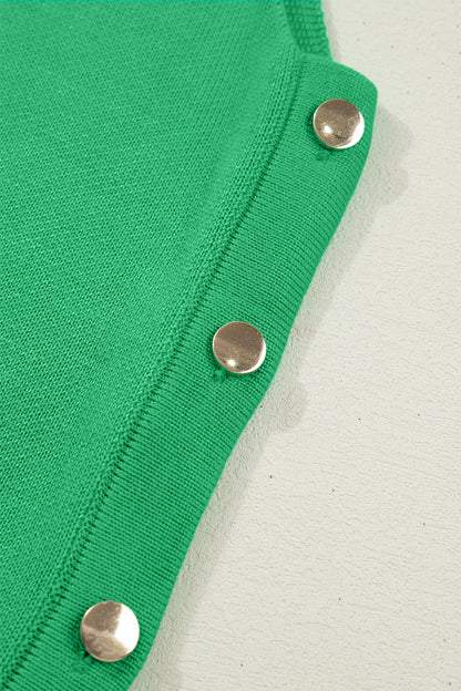 Bright Green Side Button Round Neck Knit Sleeveless Sweater