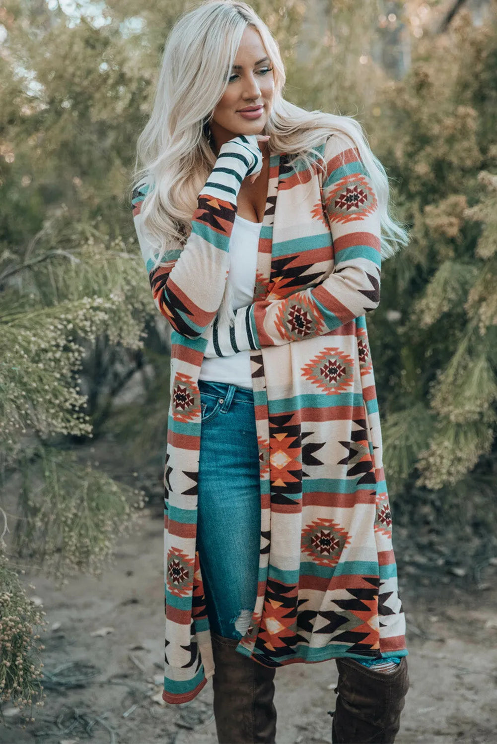 Multicolor Geometric Color Block Open Front Long Cardigan - Chic Meadow Boutique 