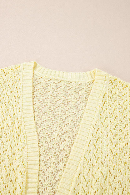 Yellow Cream Pointelle Knit Open Front Short Cardigan