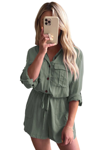 Jungle Green Roll up Sleeve Flap Pockets Drawstring Playsuit - Chic Meadow Boutique 