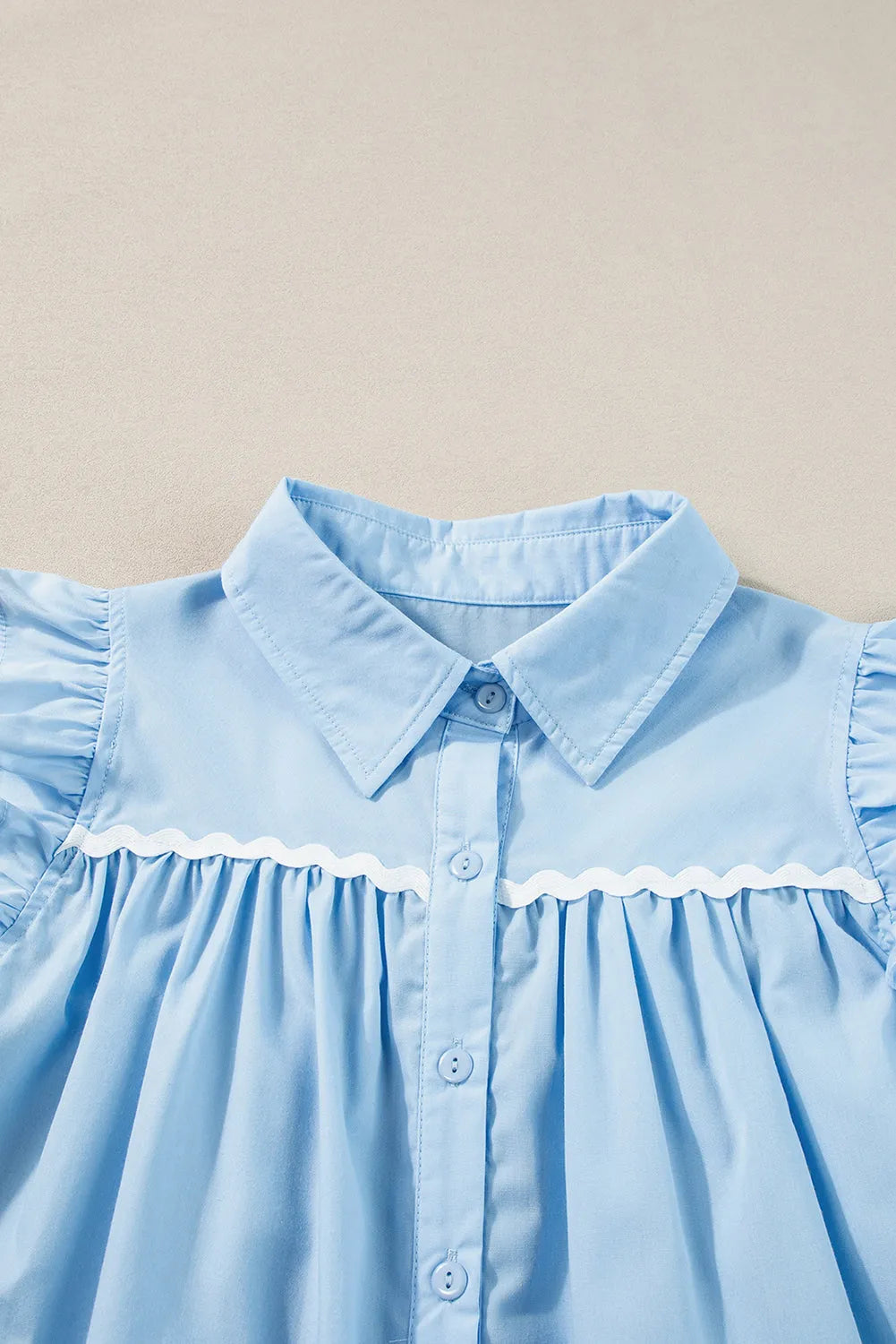 Sky Blue Ric Rac Trim Frilly Sleeveless Shirt - Chic Meadow Boutique 