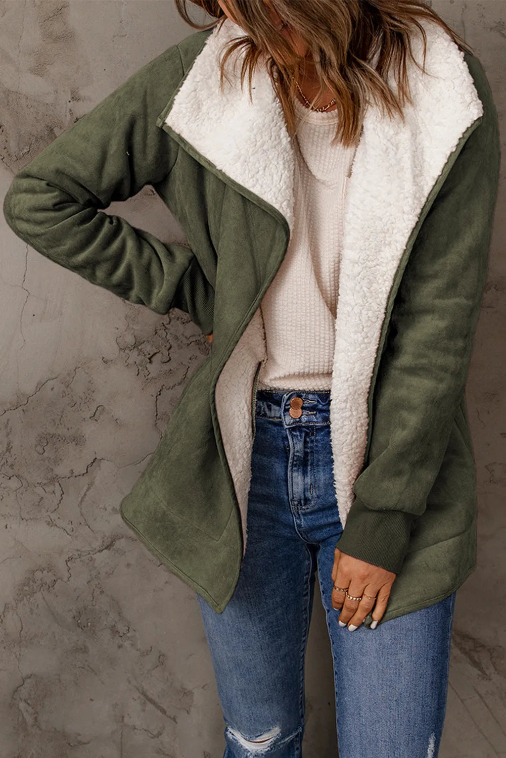 Green Faux Suede Fleece Lined Open Front Jacket - Chic Meadow Boutique 