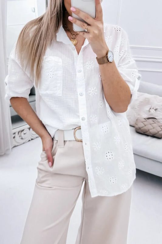 White Broidered Anglaise Crinkle Loose Shirt - Chic Meadow Boutique 