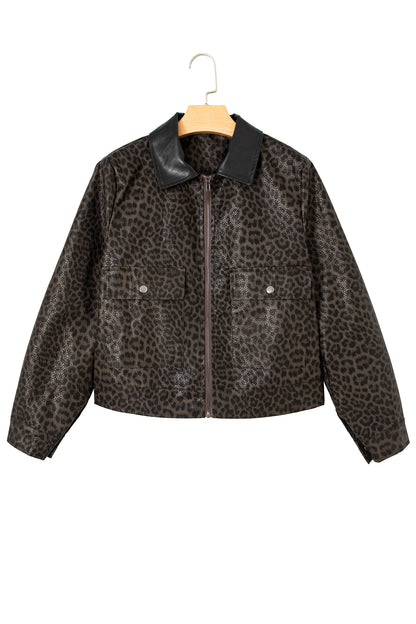 Multicolour Leopard Print Colorblock Collar Metal Placket Jacket