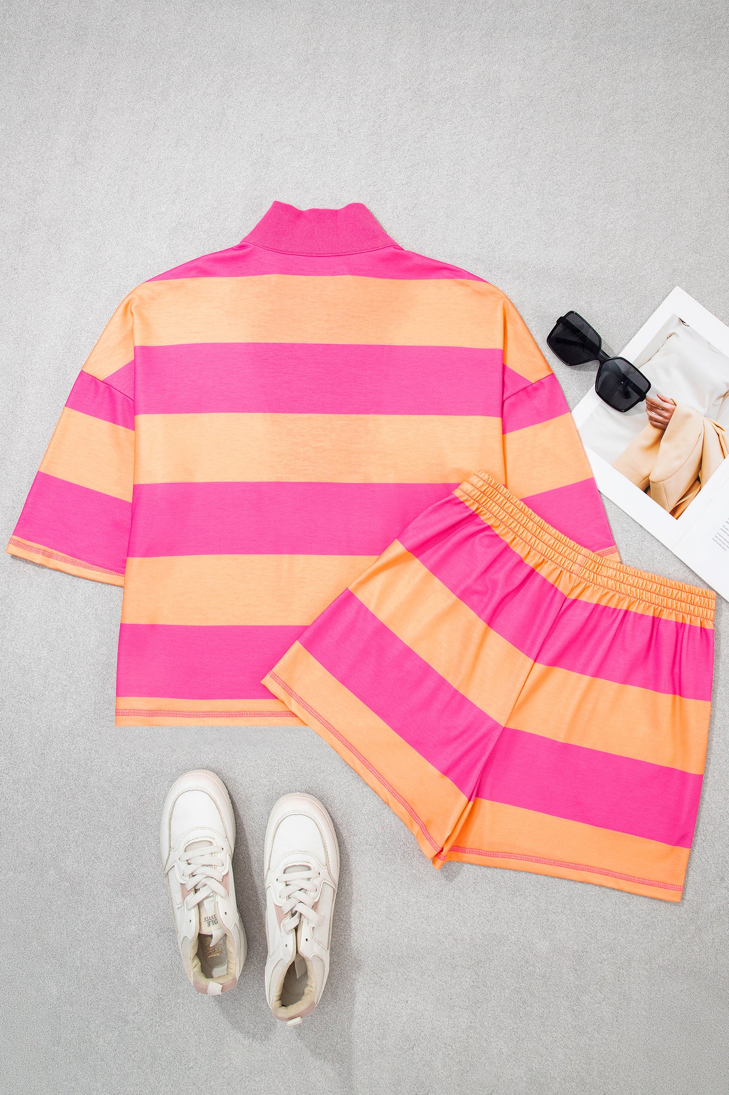 Pink Seam Detail Half Zip Tee Casual Shorts 2pcs Set