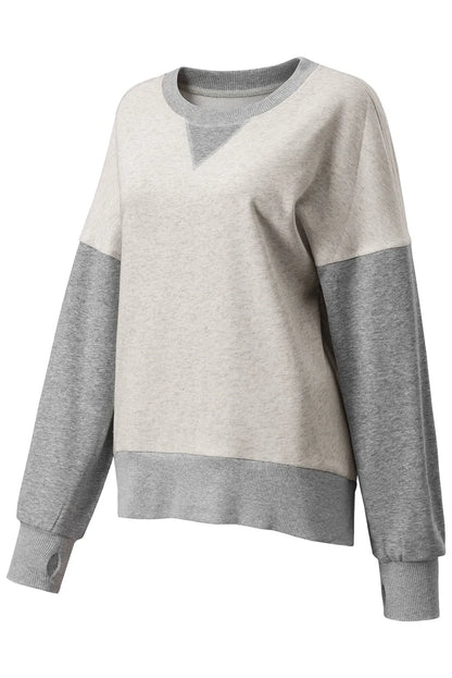 Light Grey Color Block Thumbhole Sleeve Drop Shoulder Sweatshirt - Chic Meadow Boutique 