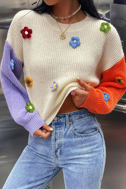 Multicolour Flower Applique Colorblock Drop Shoulder Sweater - Chic Meadow Boutique 