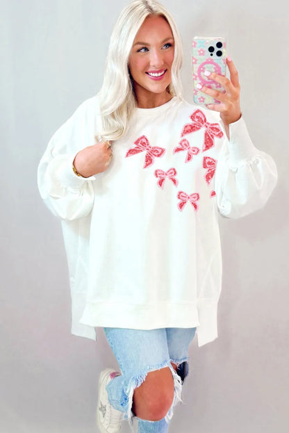 White Sequin Bowknot High Low Oversize Sweatshirt - Chic Meadow Boutique 