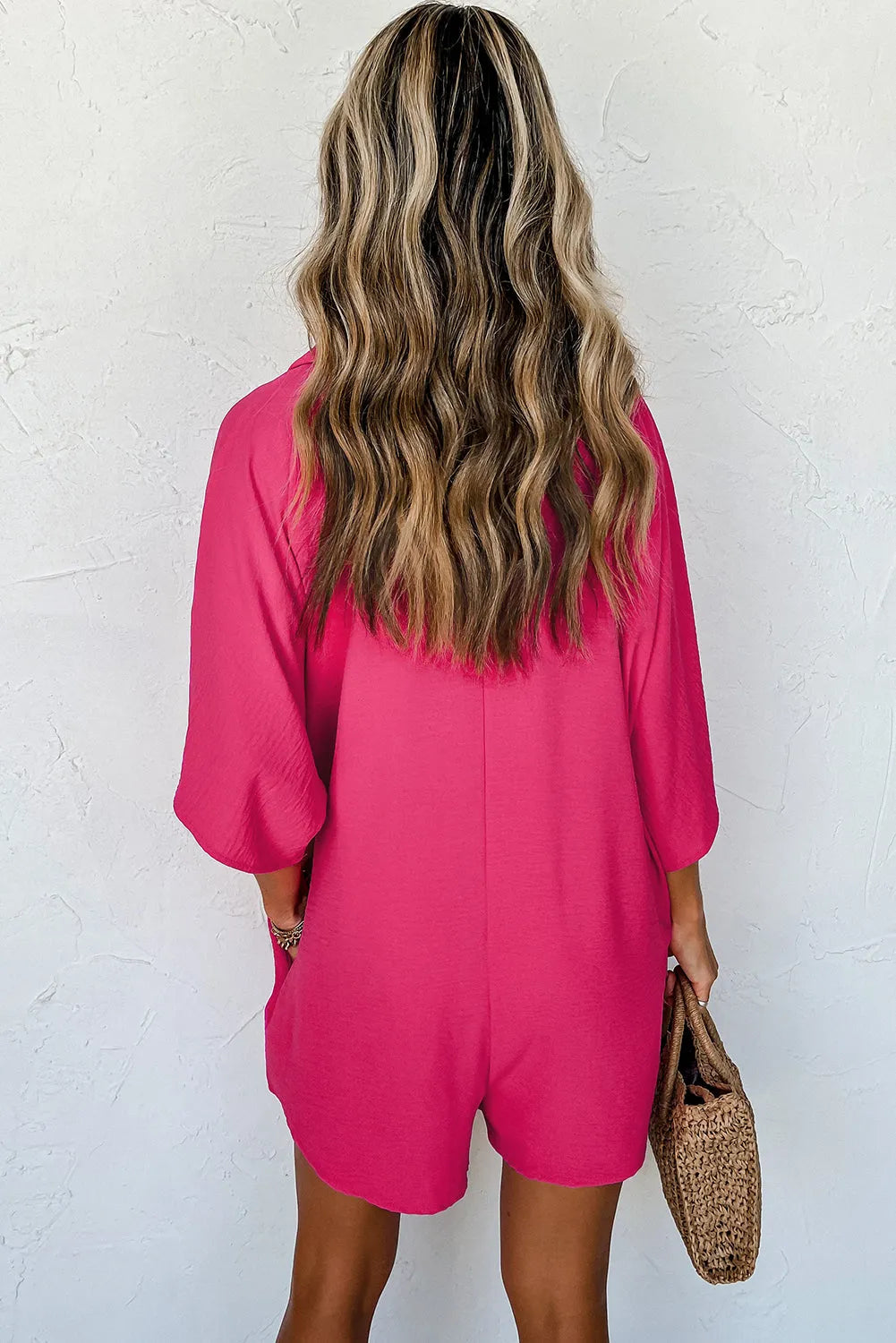 Bright Pink Half Button Collared Loose Romper - Chic Meadow Boutique 