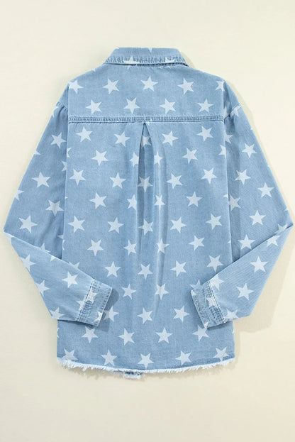 Sky Blue Star Print Light Wash Raw Hem Denim Jacket - Chic Meadow Boutique 