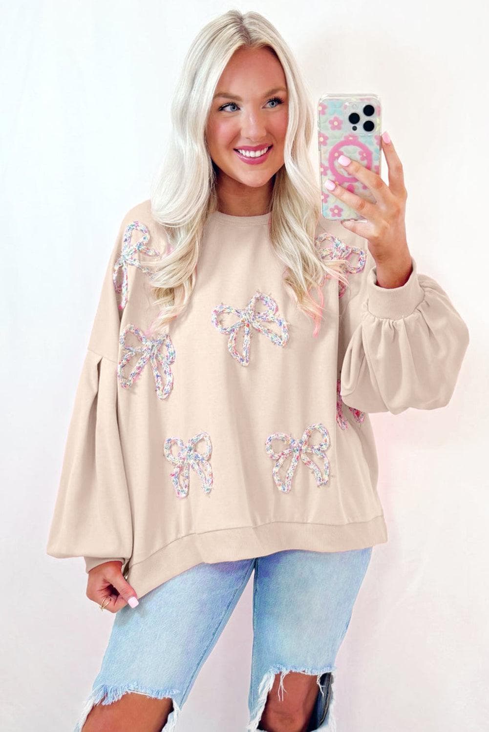 Tops/Sweatshirts & Hoodies Parchment Embroidered Bow Lantern Sleeve Oversized Pullover Sweatshirt