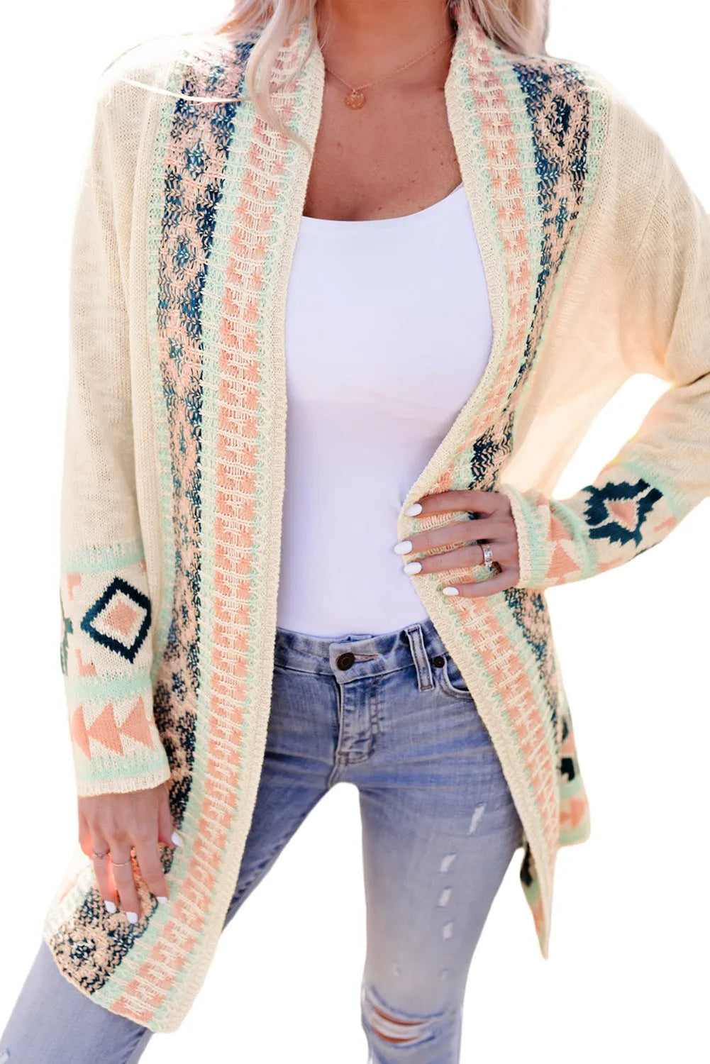 Apricot Aztec Print Open Front Cardigan - Chic Meadow Boutique 