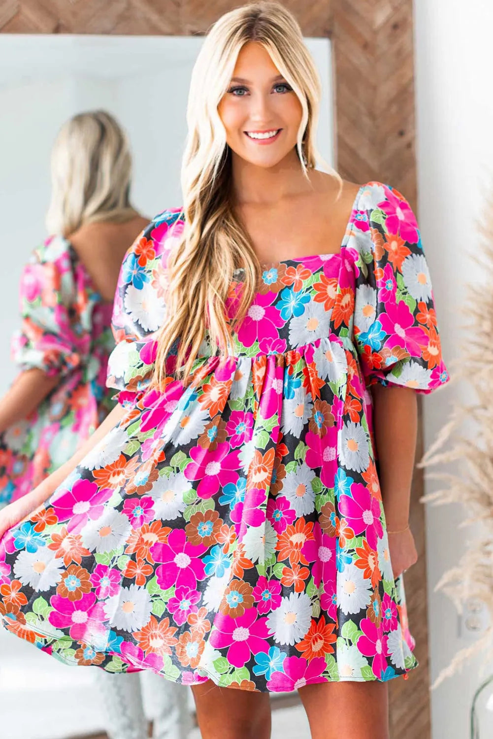 Rose Floral Print Square Neck Short Puff Sleeve Dress - Chic Meadow Boutique 