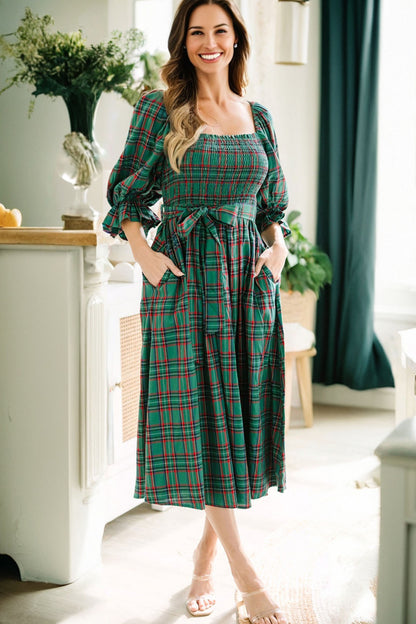 Green Tartan Plaid Square Neck Puff Sleeve Knot Waist Flared Midi Dress