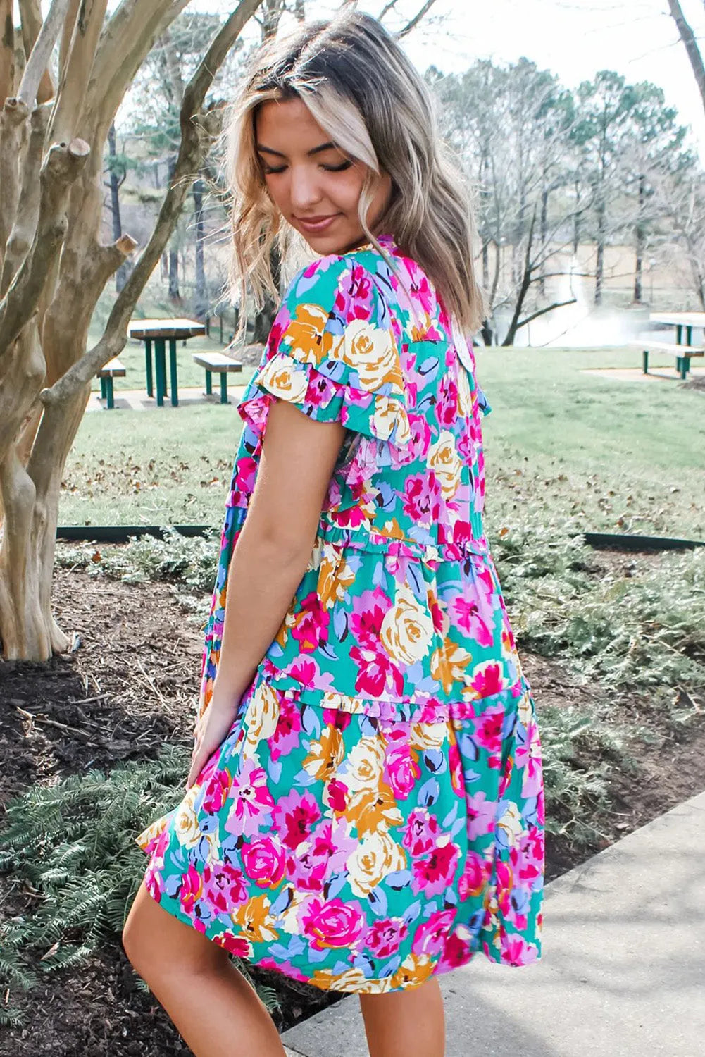 Green Rose Floral Print Ruffled Short Dress - Chic Meadow Boutique 