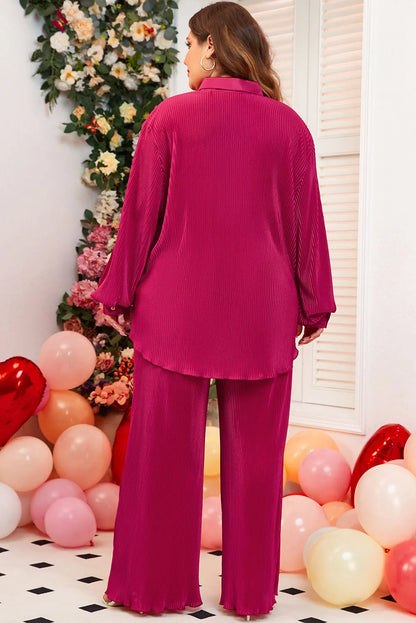 Rose Red Plus Size Ribbed Long Sleeve Shirt and Pants Pajama Set - Chic Meadow Boutique 