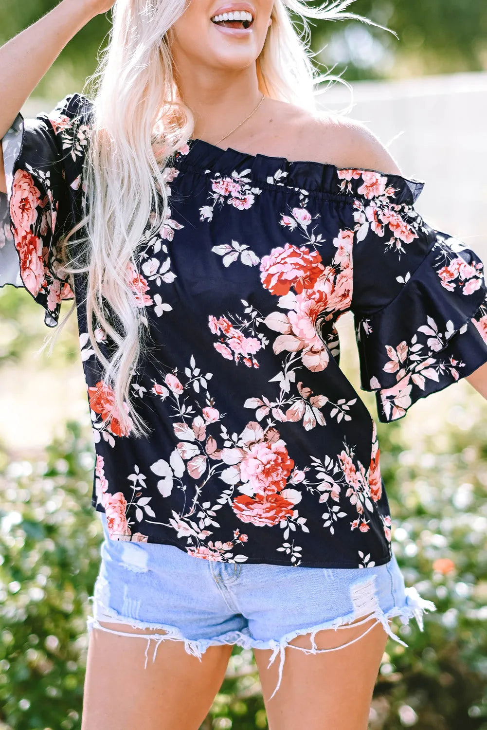 Blue Ruffle Off Shoulder Flounce Sleeve Floral Blouse - Chic Meadow Boutique 