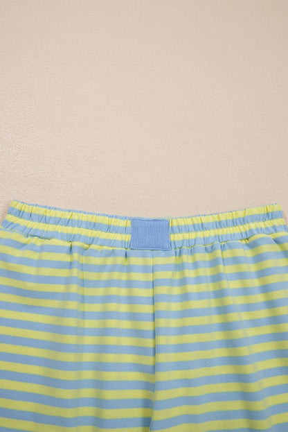 Yellow Stripe Color Block Detail Long Sleeve Pullover Elastic Waist Pull On Shorts 2pcs Set