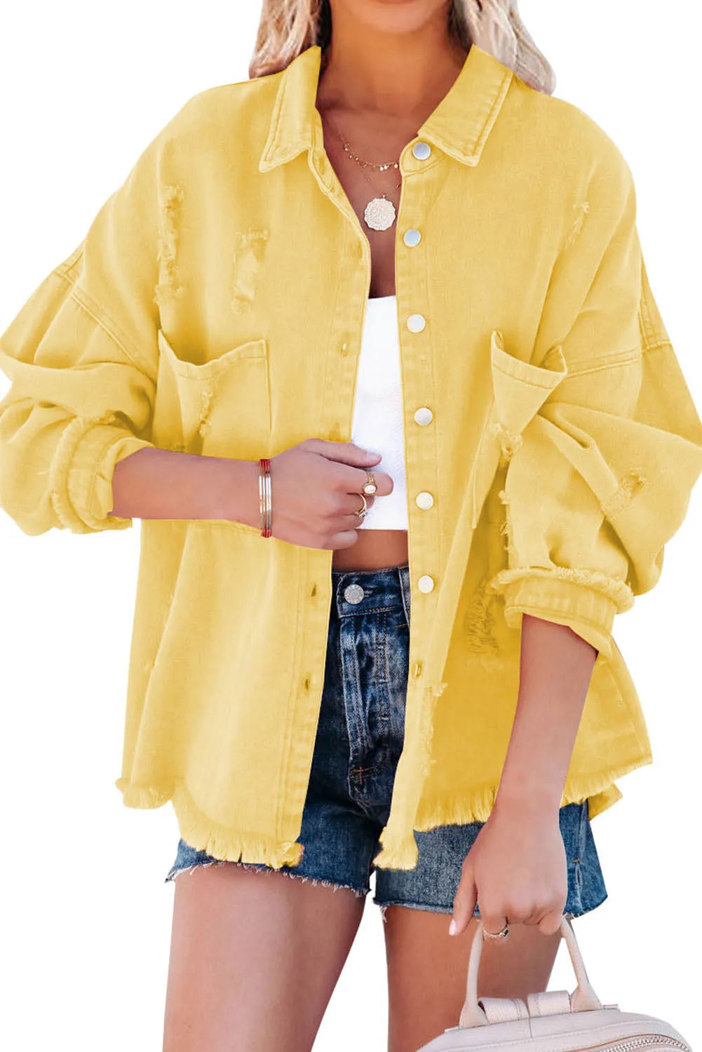 Yellow Distressed Fringe Trim Denim Jacket - Chic Meadow Boutique 