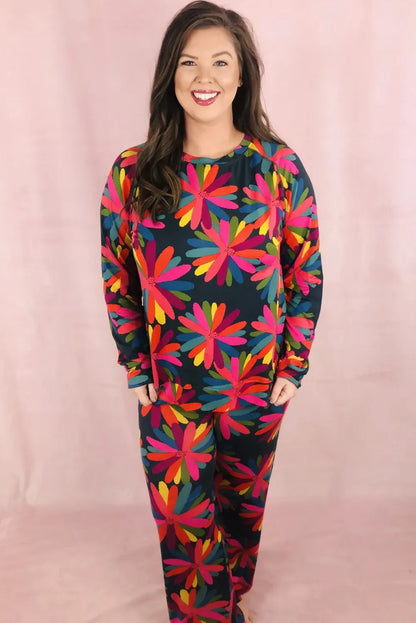 Black Plus Size Printed Long Sleeve and Pants Lounge Set - Chic Meadow Boutique 