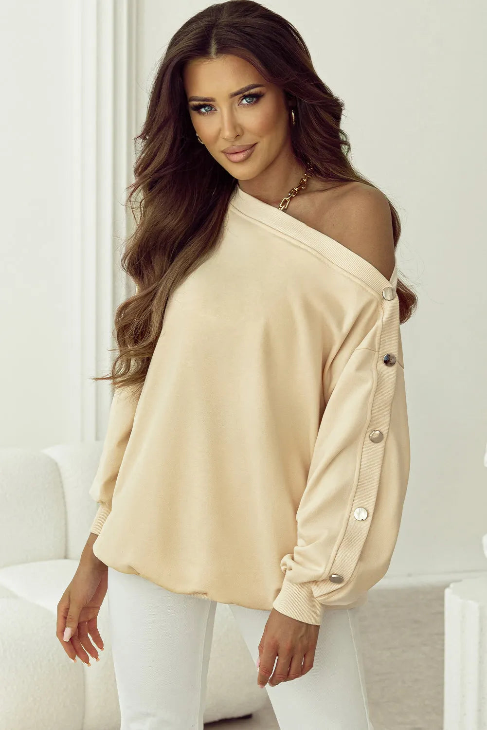 Beige Buttoned Sleeve Dropped Shoulder Sweatshirt - Chic Meadow Boutique 