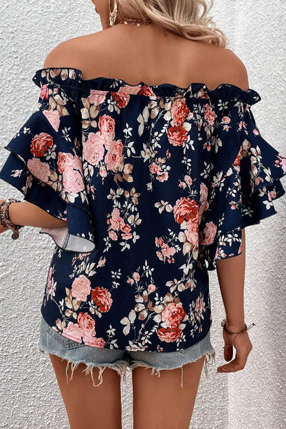 Blue Ruffle Off Shoulder Flounce Sleeve Floral Blouse - Chic Meadow Boutique 