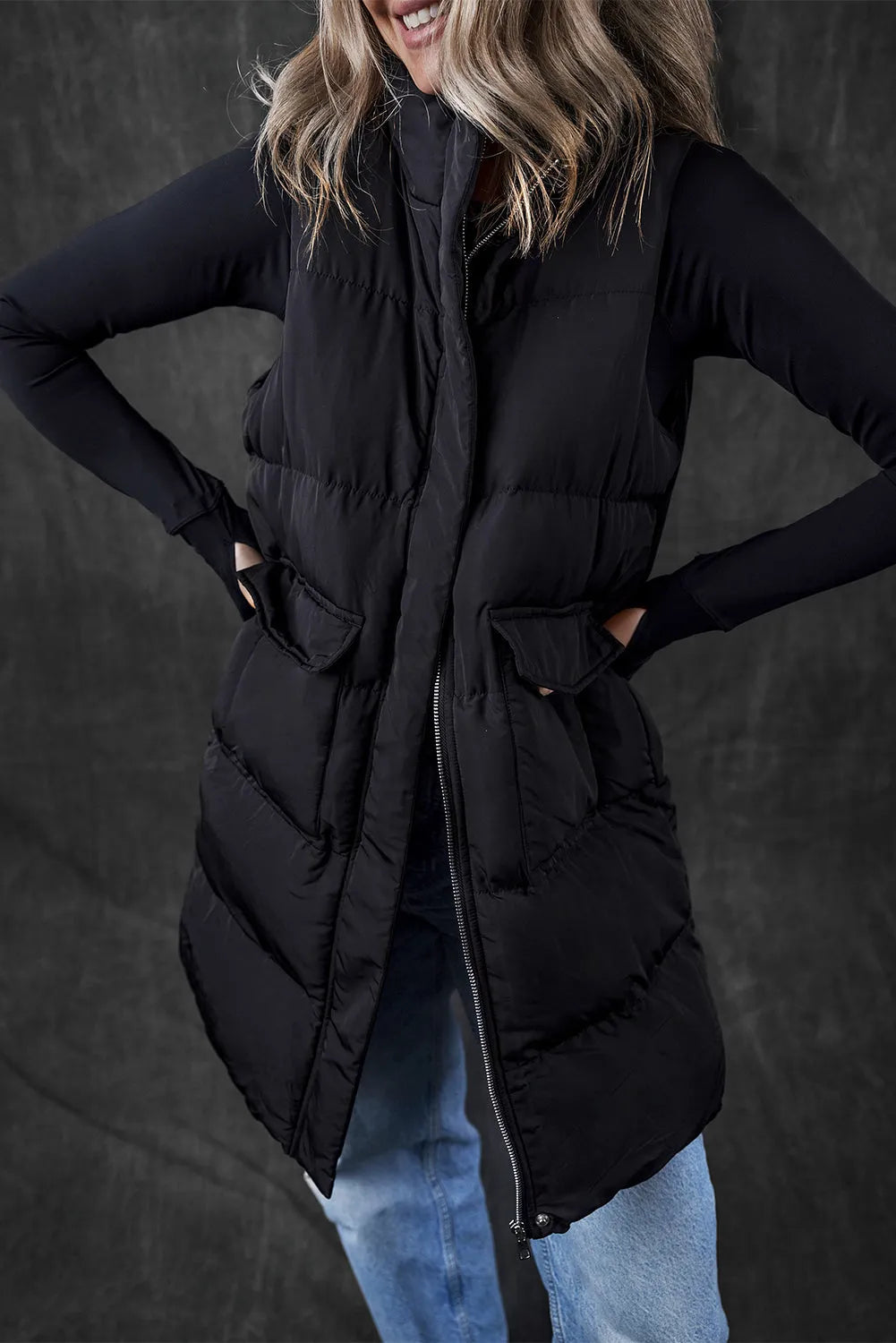 Black Windproof Longline Full Zipper Puffer Vest with Pockets - Chic Meadow Boutique 