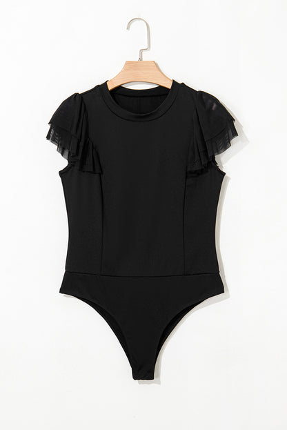 Black Solid Ruffled Mesh Patchwork Sleeve Bodysuit