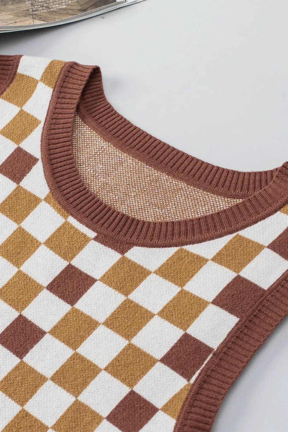 Brown Checkered Ribbed Trim Knit Sweater Vest - Chic Meadow Boutique 