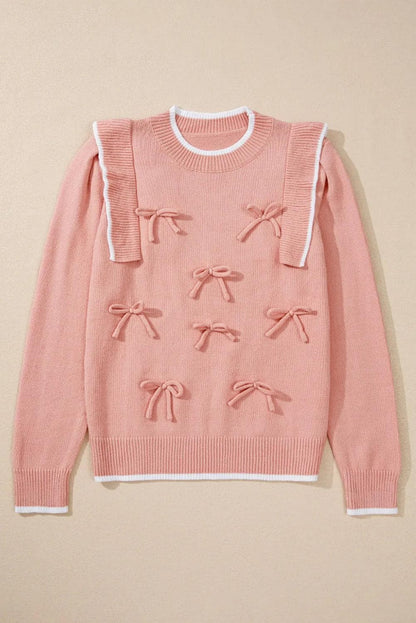 Sweaters & Cardigans/Sweaters Light Pink Ruffled Bowknot Ribbed Trim Long Sleeve Sweater