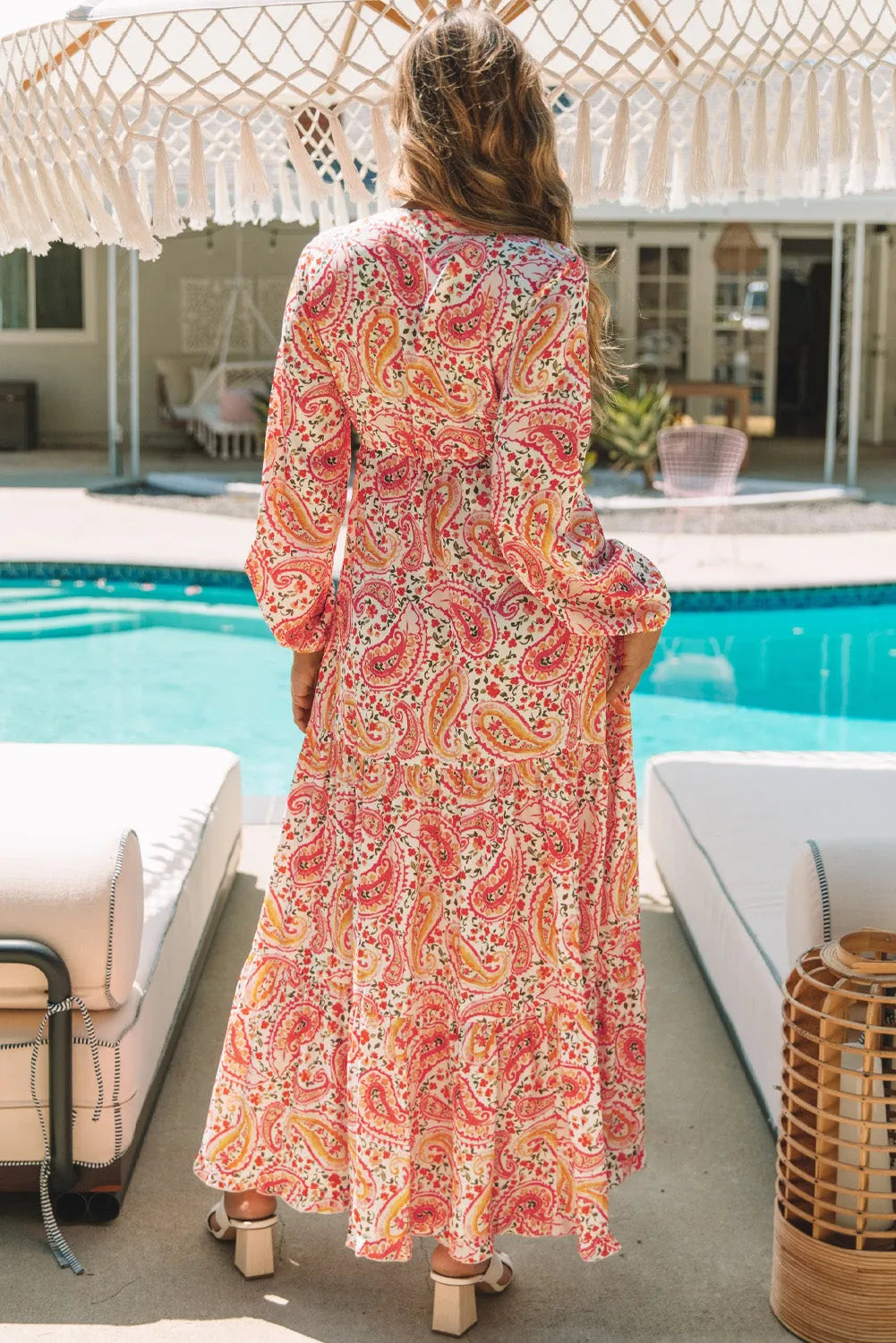 Orange Boho Holiday Paisley Print Tiered Long Sleeve Maxi Dress - Chic Meadow Boutique 