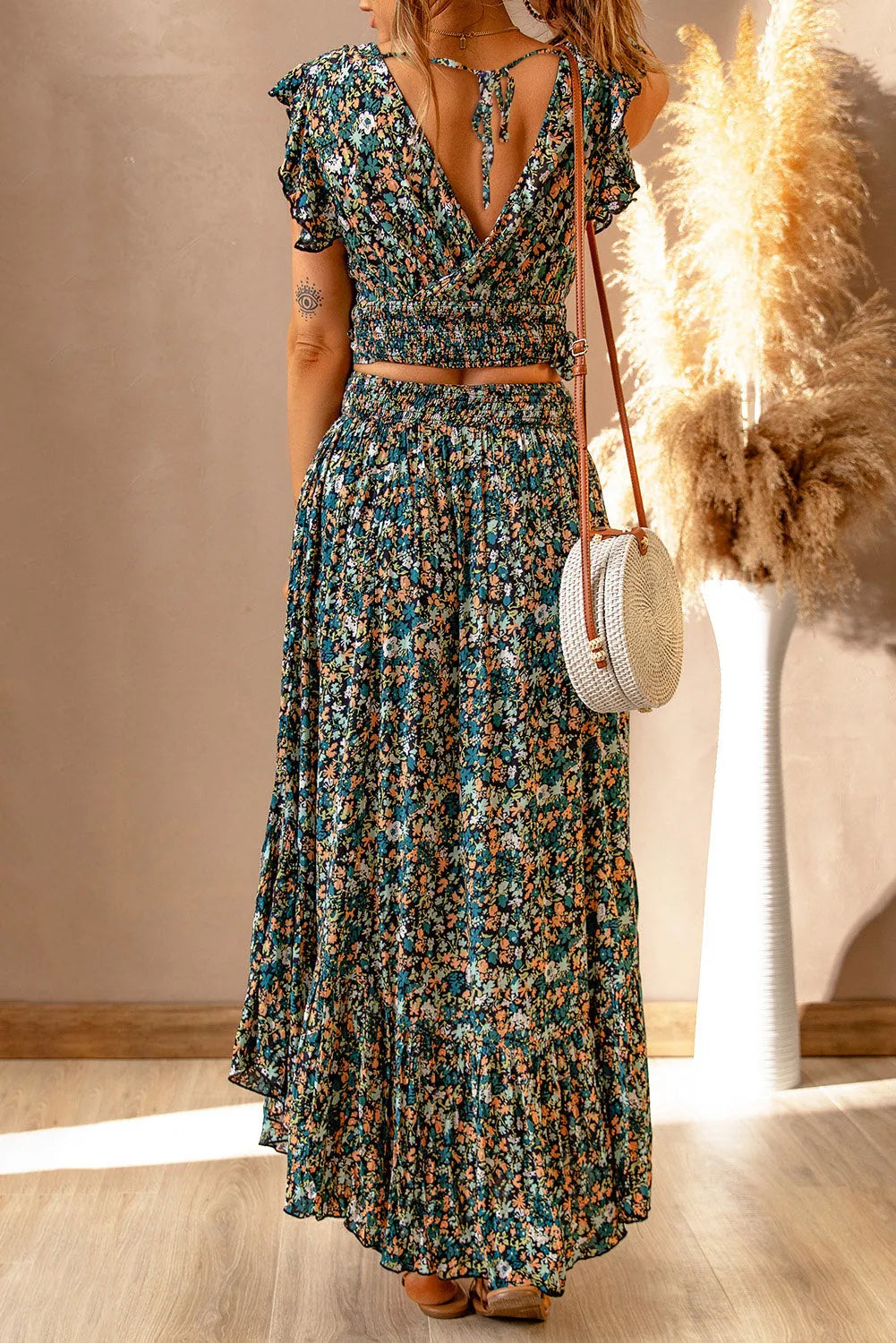 Multicolor Floral Ruffled Crop Top and Maxi Skirt Set - Chic Meadow Boutique 