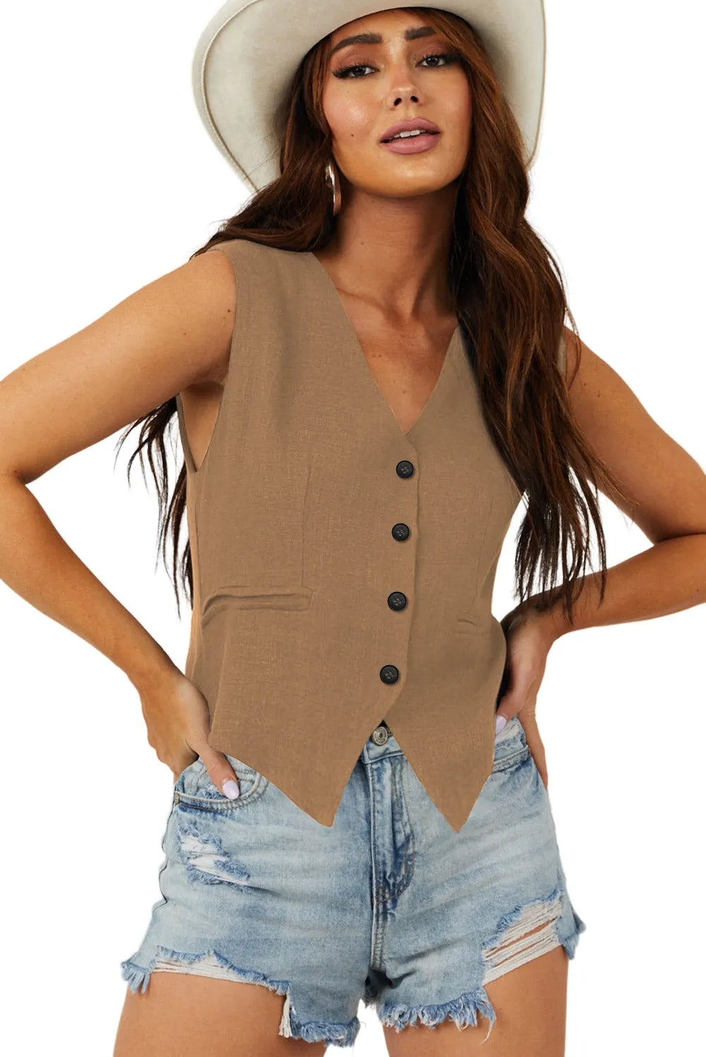 Chestnut Solid Color Button up V Neck Suit Vest - Chic Meadow Boutique 