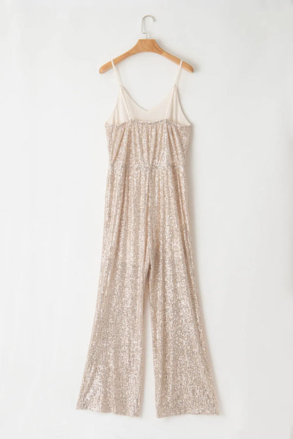 Gold Sequined V Neck Sleeveless High Waist Jumpsuit - Chic Meadow Boutique 