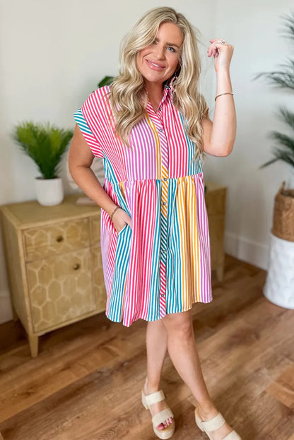 Multicolour Colorblock Striped Short Sleeve Buttoned Shirt Dress - Chic Meadow Boutique 