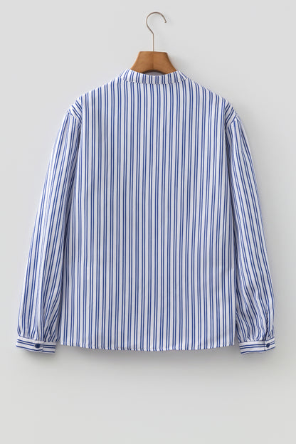 Blue Stripe Embroidered Detail Button Front Long Sleeve Shirt