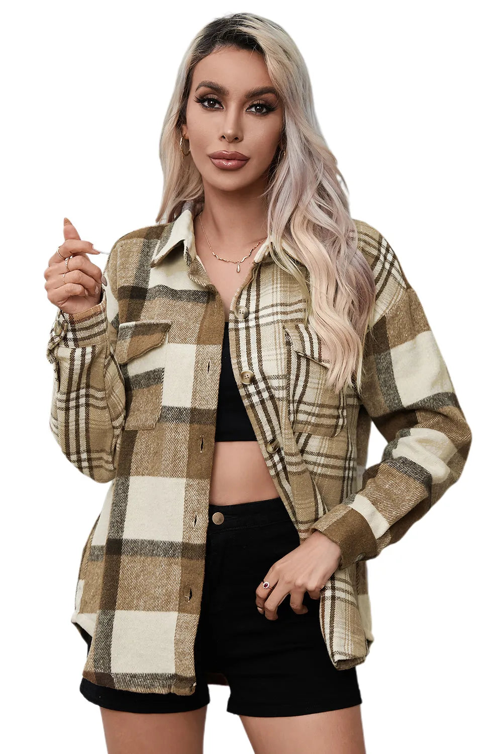 Parchment Contrast Plaid Patchwork Flap Pocket Shacket - Chic Meadow Boutique 