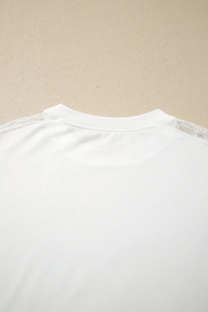 White Lace Patchwork Round Neck Casual Long Sleeve Top